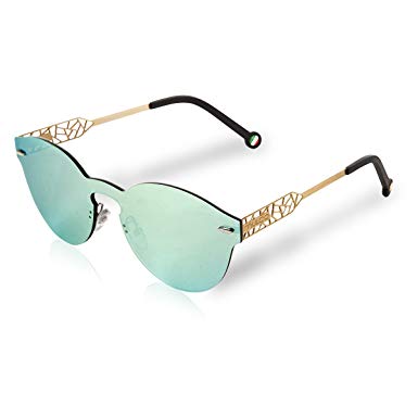 Mulco Sunglasses Green Revo Mirror Shades Frameless Round/Mask Shape | 100% UV Protection | Laser Cut Gold Arm With Black Rubber Finishing Web MK 122
